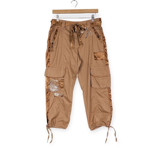 Vintage Cache Cargo Capri Pants Y2K Embroidered Floral Crop Utility Brown 12